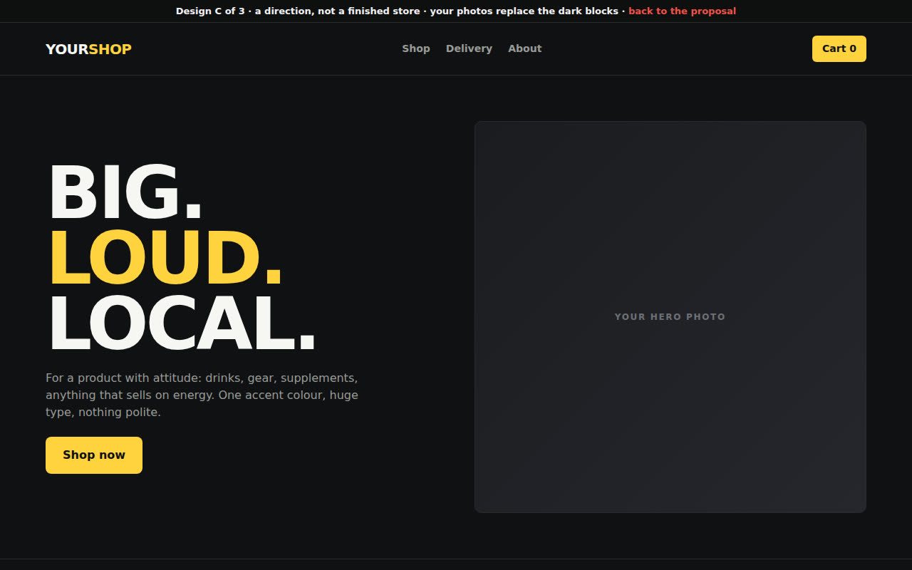 Design C, Bold: dark page with huge yellow type and a ticker