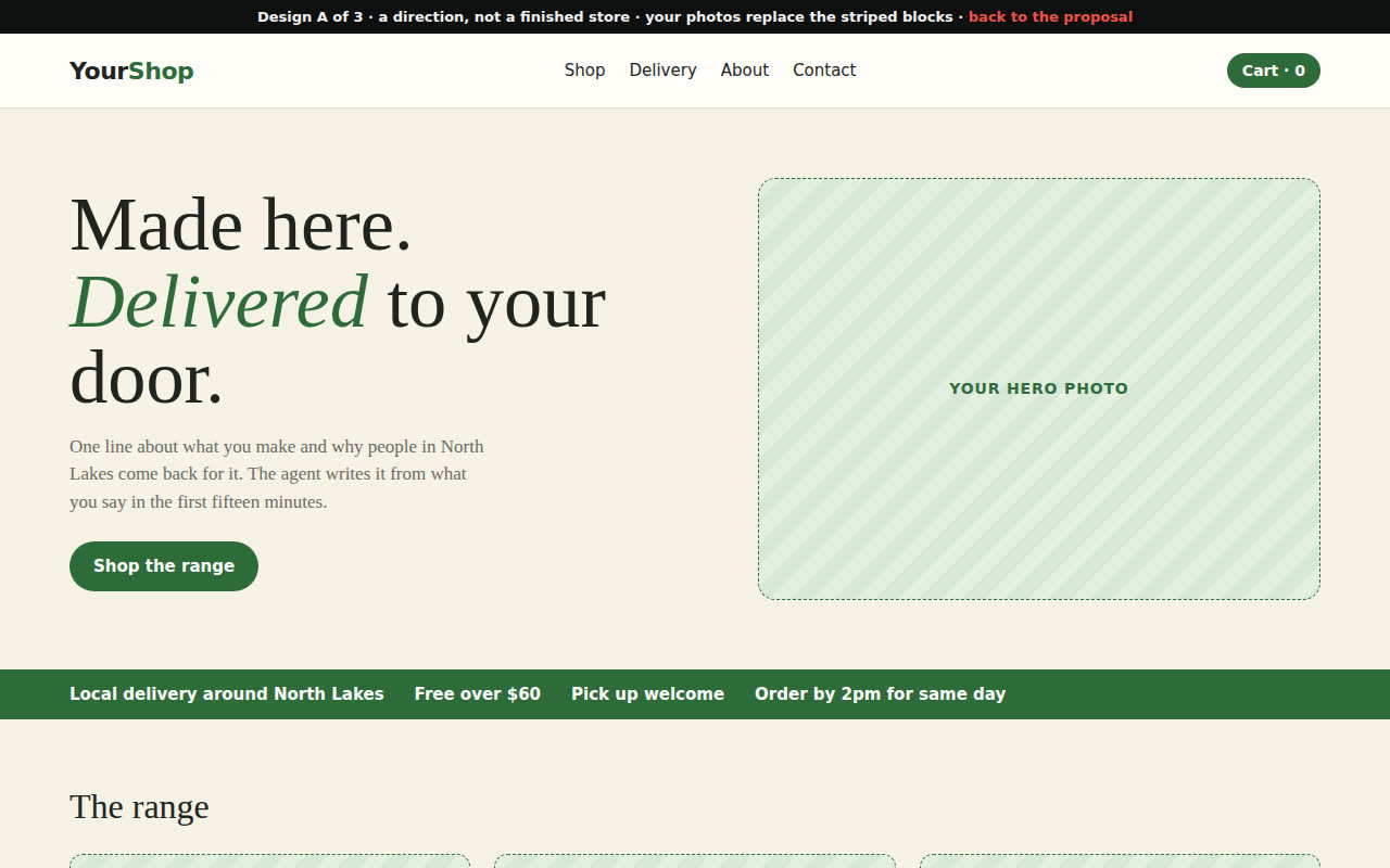 Design A, Market: warm cream page with green accents and a product grid