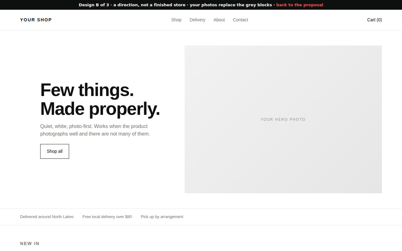 Design B, Studio: white minimal page with a full-width photo and a four-up grid